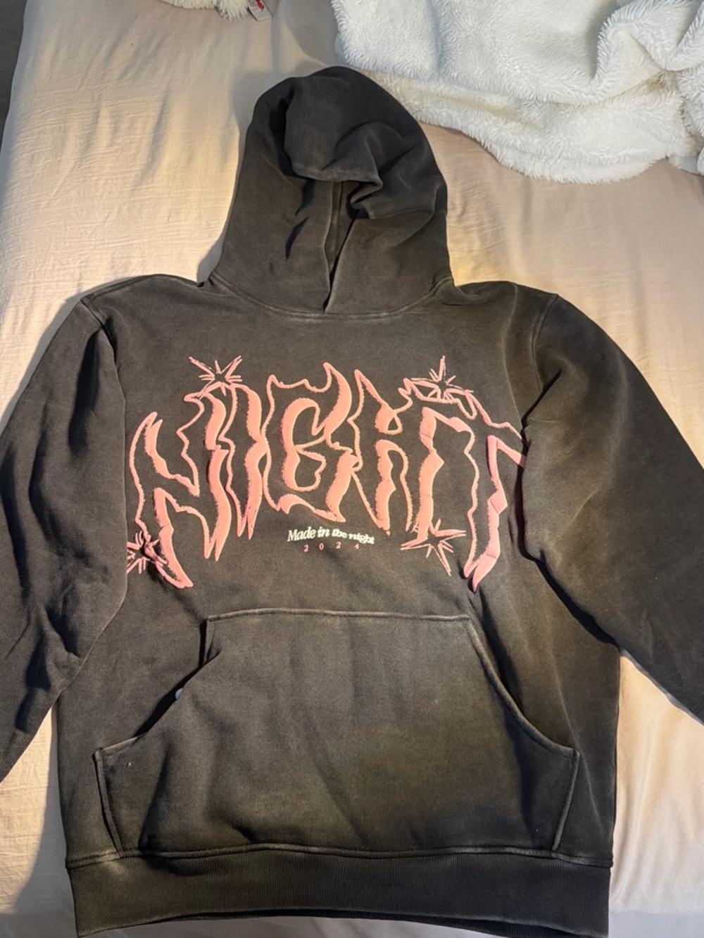PacSun Black Hoodie Sweater with Pink 'NIGHT' Graphic